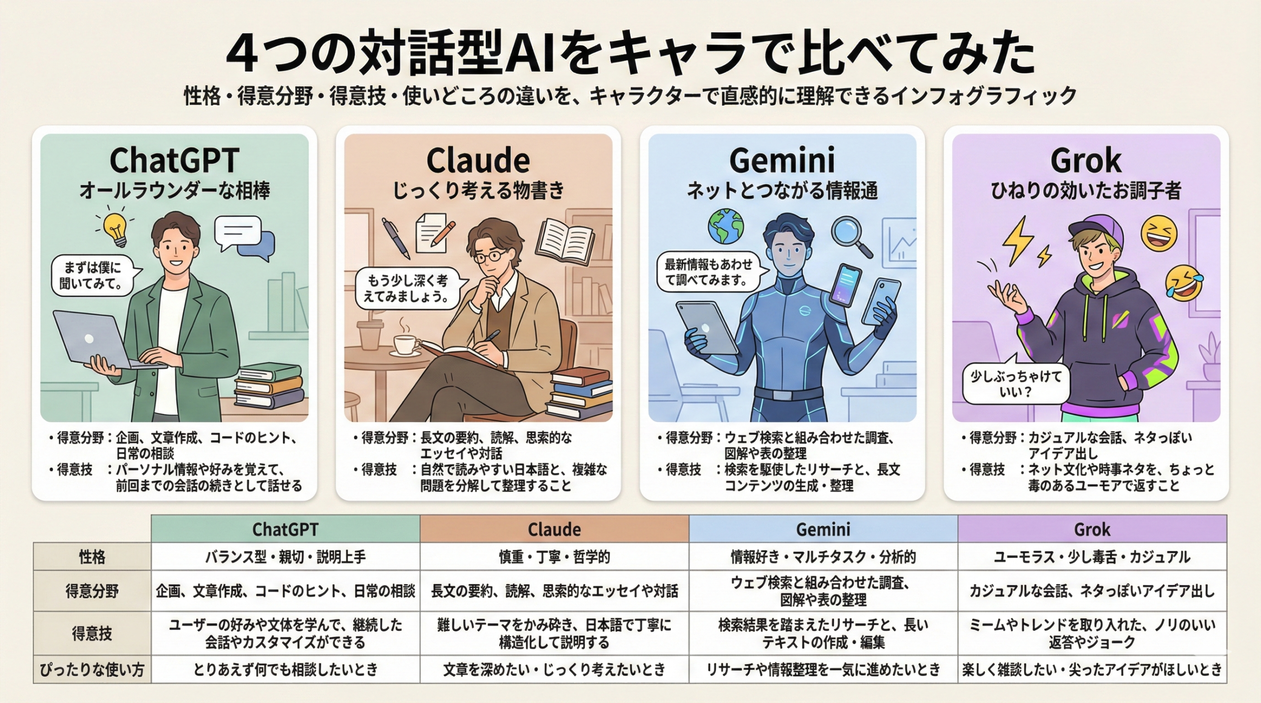 4つの対話型AIをキャラで比べてみた