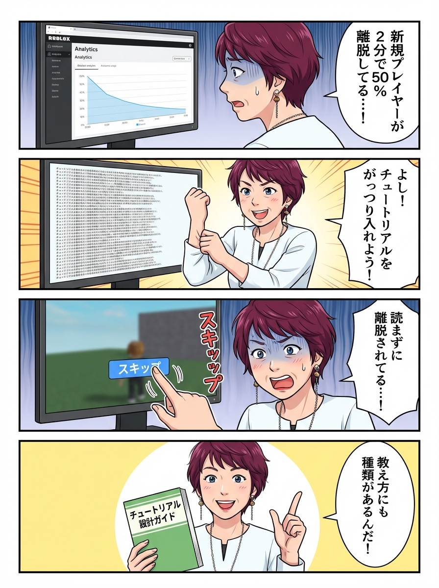 チュートリアル設計の悩みを描いた4コマ漫画