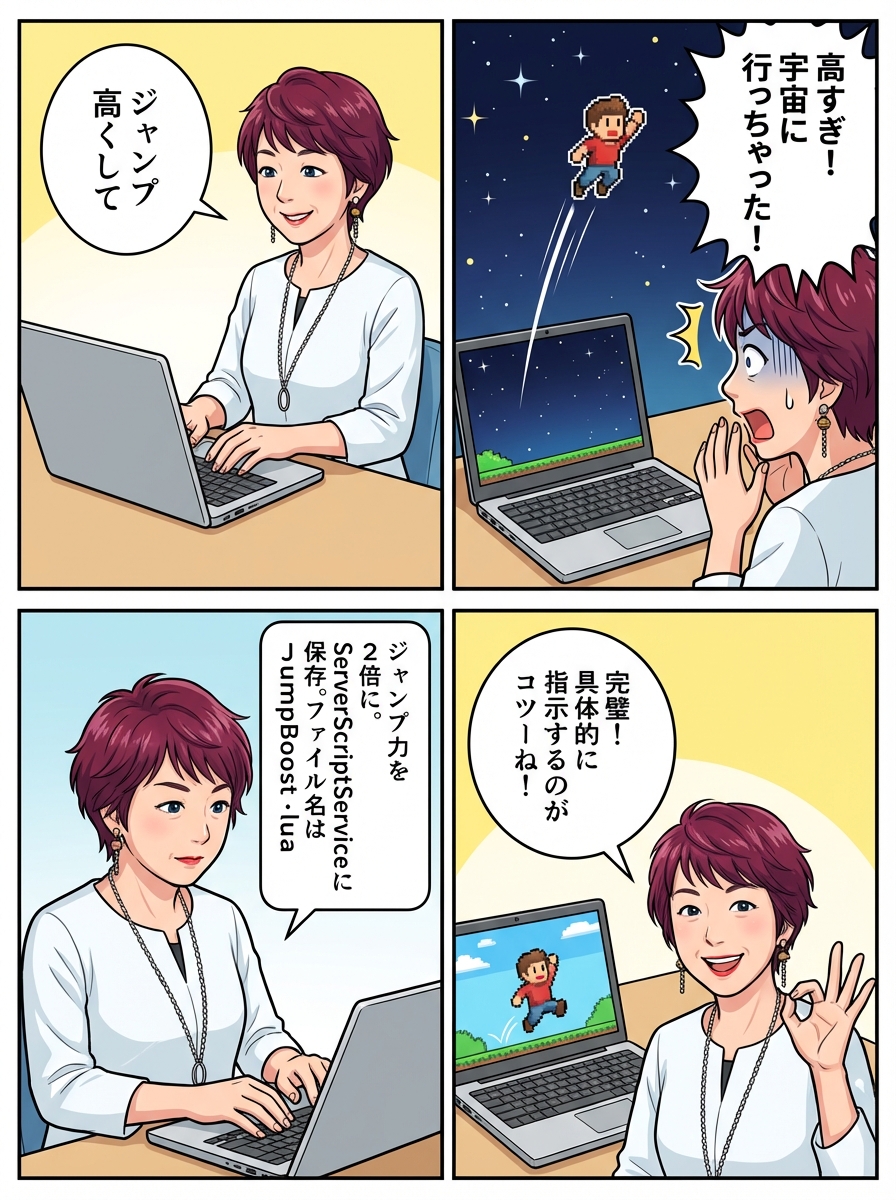 効果的なプロンプトの書き方を描いた4コマ漫画